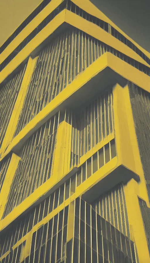 Image similar to architecture ad in the style of Bauhaus and John Baldessari. Film grain, cinematic, colorized, yellow hue.
