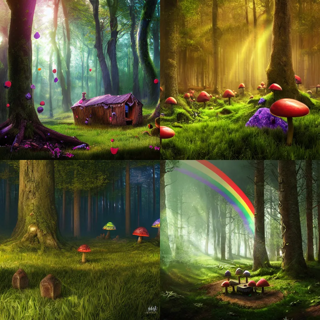 Prompt: A hyper real comic book style painting of an enchanted irish forest with toadstools and forest hut. Rainbow in the trees, pointing to pot of gold, sun beams flowing through the trees. Octane render, dynamic lightning.