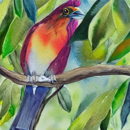 Prompt: A realistic watercolour painting of a Trogon in a wild avocado tree, watercolour, splattering