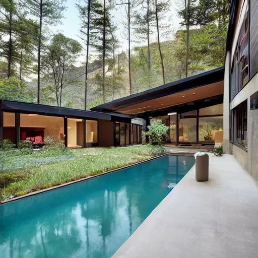 Prompt: a stunning mid-century Home built into a waterfall