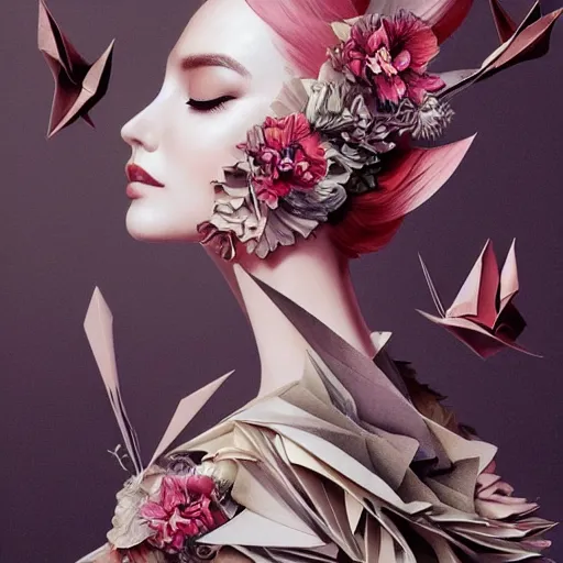 Image similar to full length fashion illustration of a beautiful girl wearing an origami dress, eye - level medium shot, fine floral ornaments in cloth and hair, hummingbirds, elegant, by eiko ishioka, givenchy, by peter mohrbacher, centered, fresh colors, origami, fashion, detailed, serene, dreamy, vogue, japanese, reallusion character creator