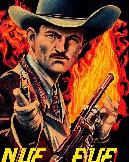 Prompt: “ a pulp style movie poster, illustration of a texan cowboy on fire, movie premiere poster, portrait, dramatic, 1 9 6 0 s, highly detailed, brandishing a gun, 4 k detail ”
