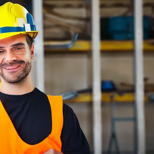 Image similar to a worker wearing hard hat and holding tools logo