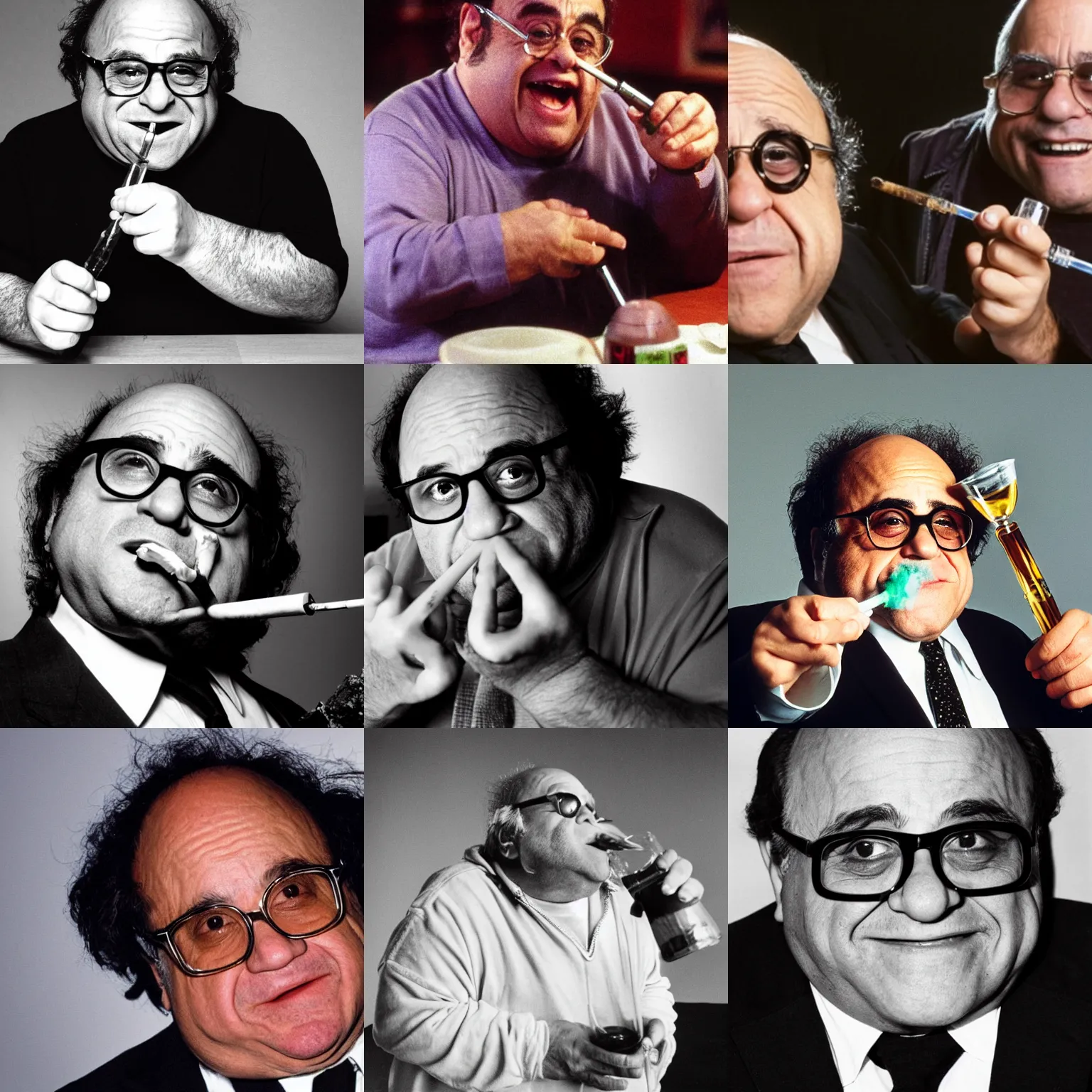 Prompt: headshot of danny devito smoking weed from a bong