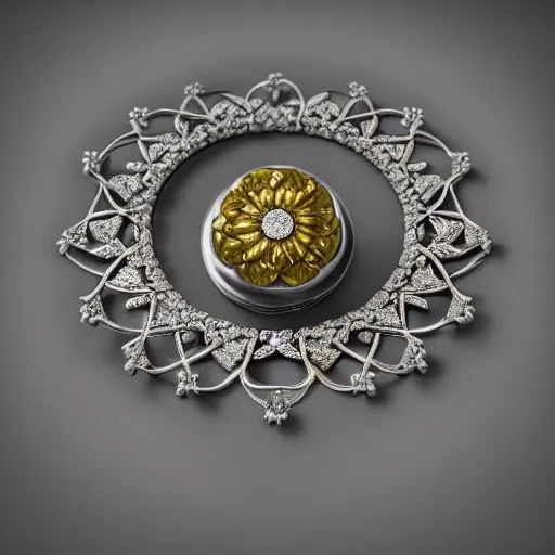 Image similar to intricate!! organic, nordic ring and necklace, silver and gold and diamond, isolated on a dreamy floral background, refraction, occlusion, lower and upper levels, keyshot render, octane render, vray render