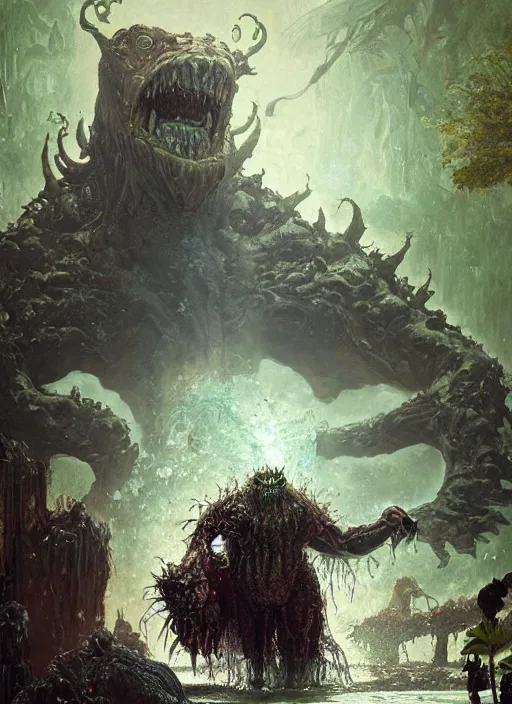 Image similar to huge hulking brute swamp demon king emerging from lake on alien planet, splashing, by sergey kolesov and lawrence alma tadema and norman rockwell and greg staples and craig mullins and john berkey and ruan jia, artstation creature art