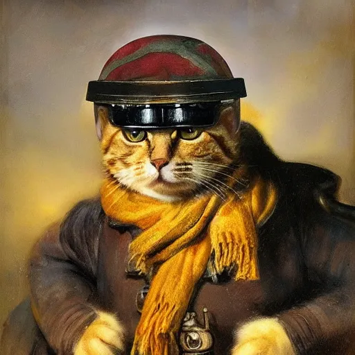 Prompt: heroic cat pilot, ww 2 bi - plane wearing a vintage pilot helmet and a scarf, painted by rembrandt, intricate, detailed, atmospheric lighting, golden hour.