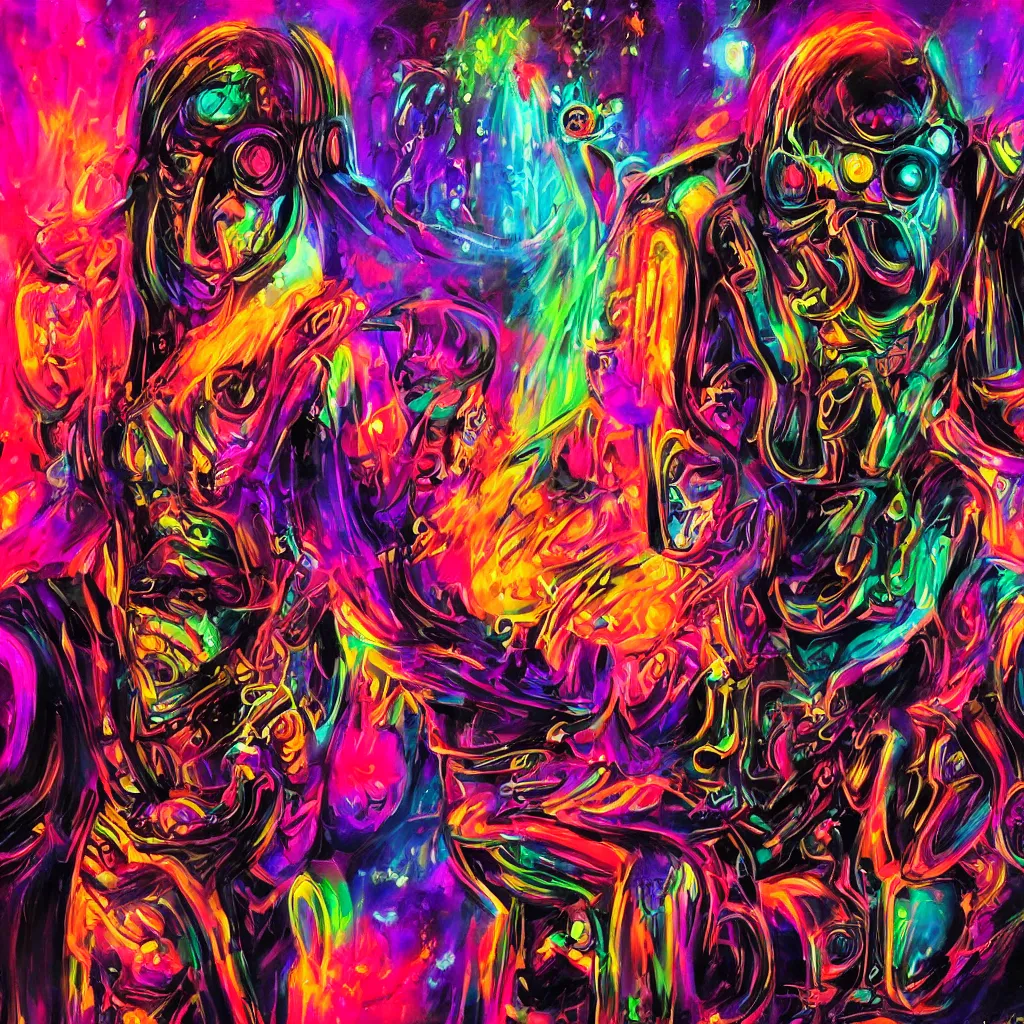 Image similar to psychedelic cyberpunk demon painting, rocking out, headphones DJ Rave