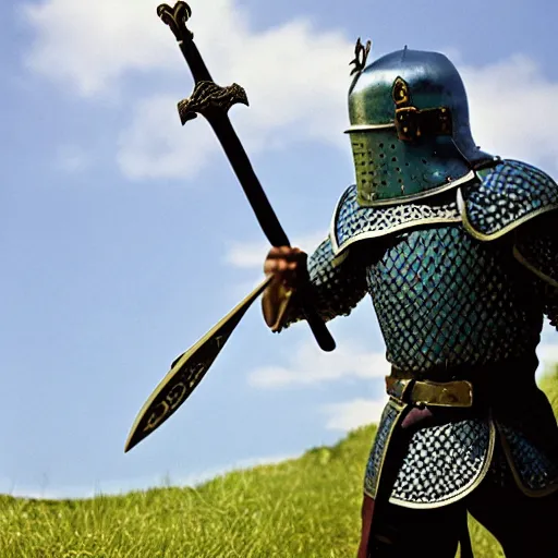 Prompt: an olive skinned, fierce, medieval stout knight with a blue tunic over chainmail, green pants with a black leather belt and a coin pouch, holding a blue kite shield with fleur - de - lis symbols, holding a short sword in a gladiator battle, game of thrones, realistic, photograph by fred r conrad / new york times