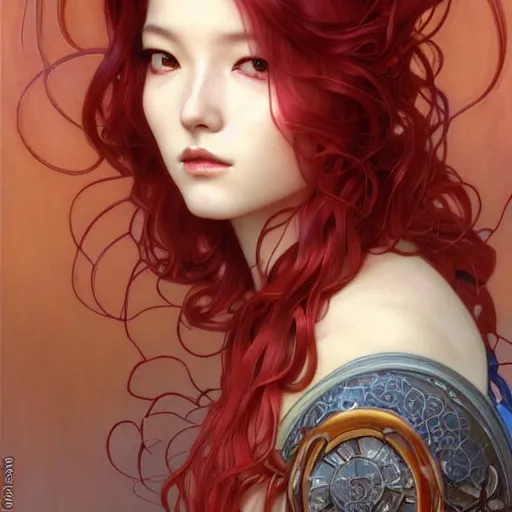 Image similar to portrait of Asuka Soryu with red long wavy hair drawn by Donato Giancola and Tom Bagshaw and Julie Bell, face by Artgerm, overall design by Alphonse Mucha, background by James Jean and Gustav Klimt, 4k, porcelain skin, komorebi, french nouveau, trending on artstation, octane render, hyperrealistic