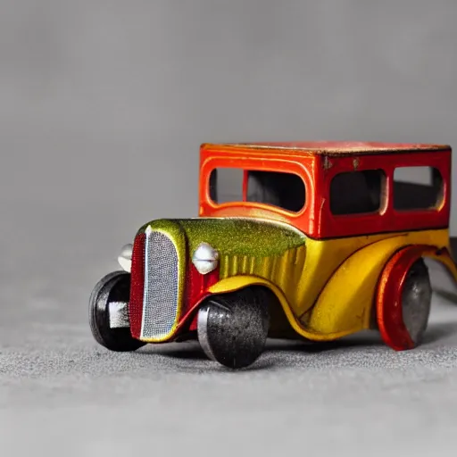 Prompt: photo of old Soviet steel toy car, 1930s, retro, 35 mm