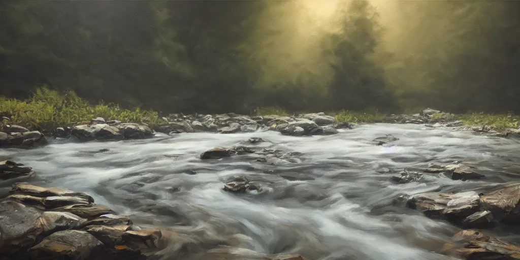 Prompt: a river, cinematic lighting, detailed oil painting, hyperrealistic, 8k