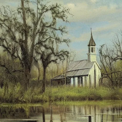 Image similar to 1 9 e century southern gothic scene, old white wooden church in bayou swamps, in louisiana, old painting style claude gellee