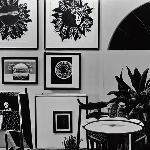 Prompt: A black and white photography in serigraphy of an exhibition space with works of Sun Ra, Marcel Duchamp and tropical plants, 60s, Modern Art