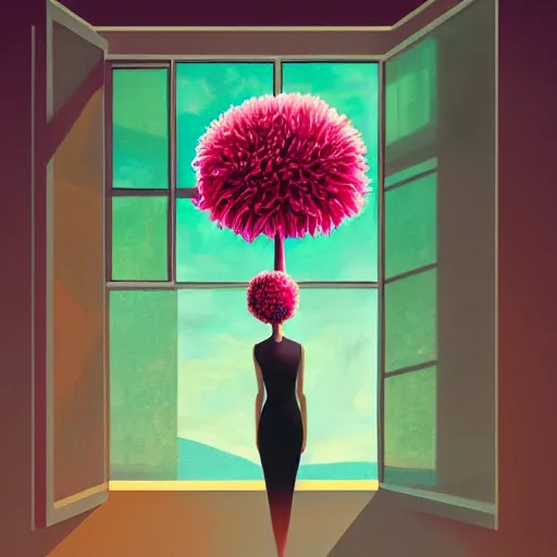 Prompt: closeup, giant flower head, woman next to modern windows, luxury apartment, surreal photography, dramatic light, impressionist painting, digital painting, artstation, james gilleard