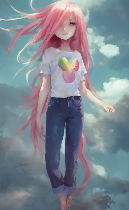 Image similar to a kawaii woman with rainbow hair, happy, summer time, soft eyes and narrow chin, dainty figure, long hair straight down, kawaii shirt and jeans, basic white background, In style of by Jordan Grimmer and greg rutkowski, crisp lines and color