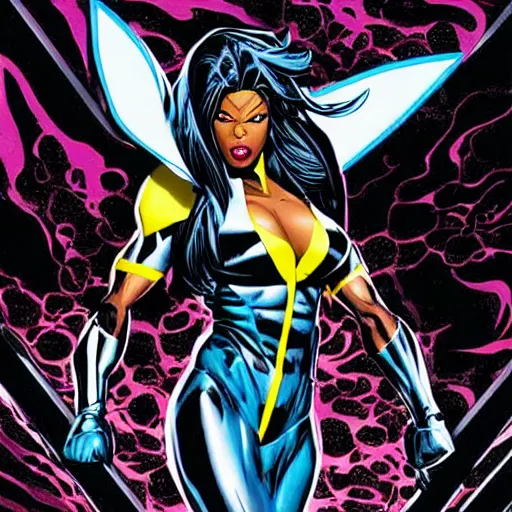 Image similar to aaliyah as storm from the x - men, vector image, comic books style, very detailed, by jim lee, by jae lee, by todd mcfarlane, by rob liefeld