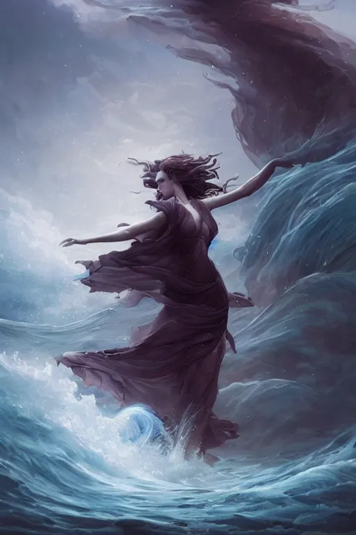 Image similar to beautiful powerful water goddess clothed in a swirling gown strides through a stormy sea, detailed matte fantasy portrait, dynamic lighting, bokeh backdrop, by greg rutkowski, by peter mohrbacher, by brom