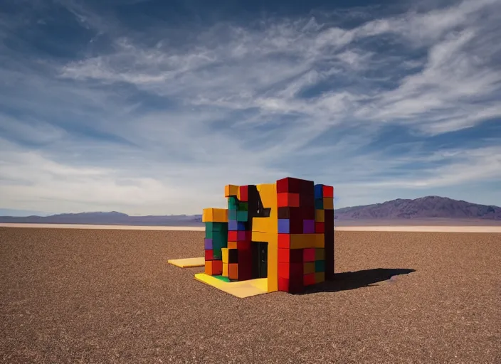 Image similar to a house made out of tetris blocks in death valley, sunflare, windy, dusty, rust, cinema, epic, michael bay style, artistic, colorful