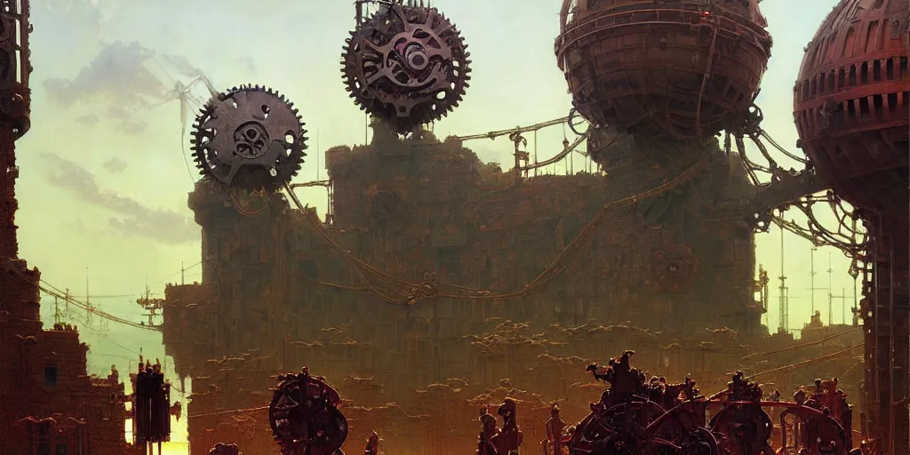 Image similar to giant interlocked gears clockwork, giant mechanisms, industry, villages castles, buildings vista artstation illustration sharp focus sunlit vista painted by ruan jia raymond swanland lawrence alma tadema zdzislaw beksinski norman rockwell tom lovell alex malveda greg staples