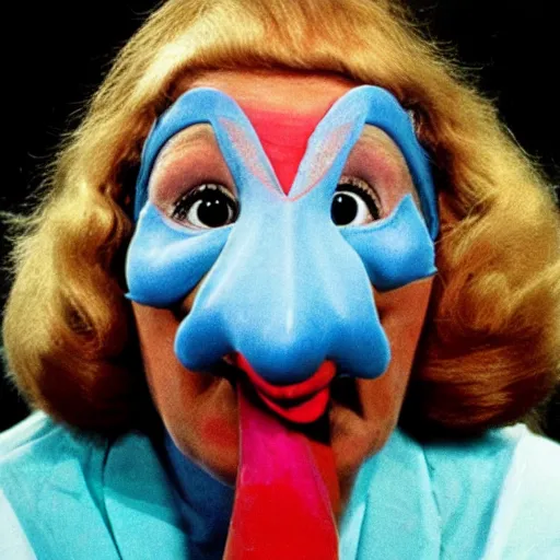 Image similar to woman with a nostril face, long snout, 1974 wacky live-action children's television show, technicolor film