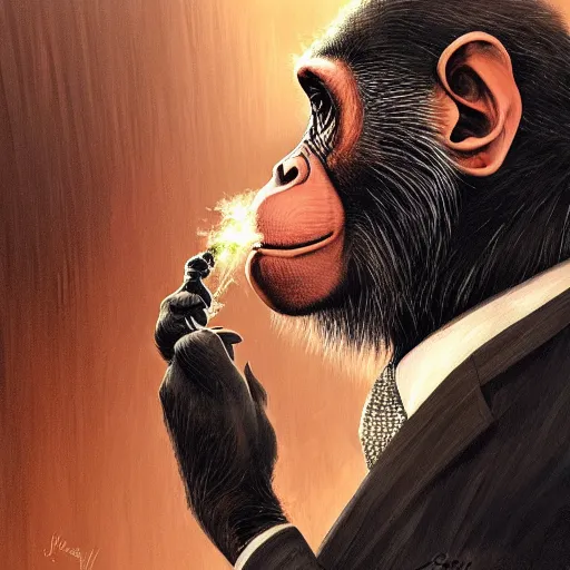 Image similar to a chimp wearing a suit smoking a cigar, dramatic lighting, cinematic, establishing shot, extremly high detail, photorealistic, cinematic lighting, artstation, style by James Gurney