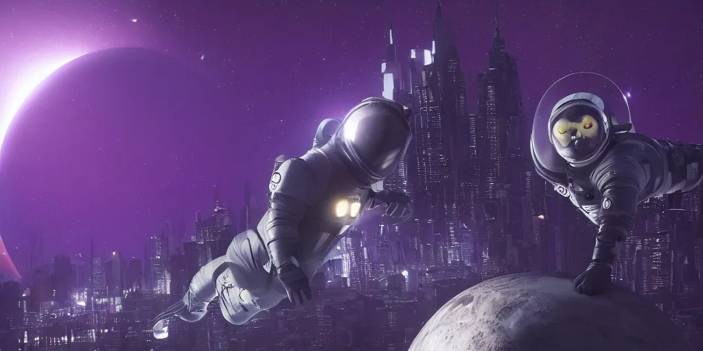 Image similar to A cat in sifi spacesuit looking down on Gotham city, purple night, giant moon in background, 8k, hyperdetailed, cinematographic, dynamic scene, wide angle camera, Artstation, unreal engine