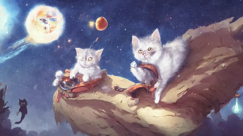 Prompt: cartoonish kitten wearing a wizard cat and a fake beard floating in space, bright stars, anime, a fantasy digital painting by Greg Rutkowski and James Gurney, trending on Artstation, highly detailed