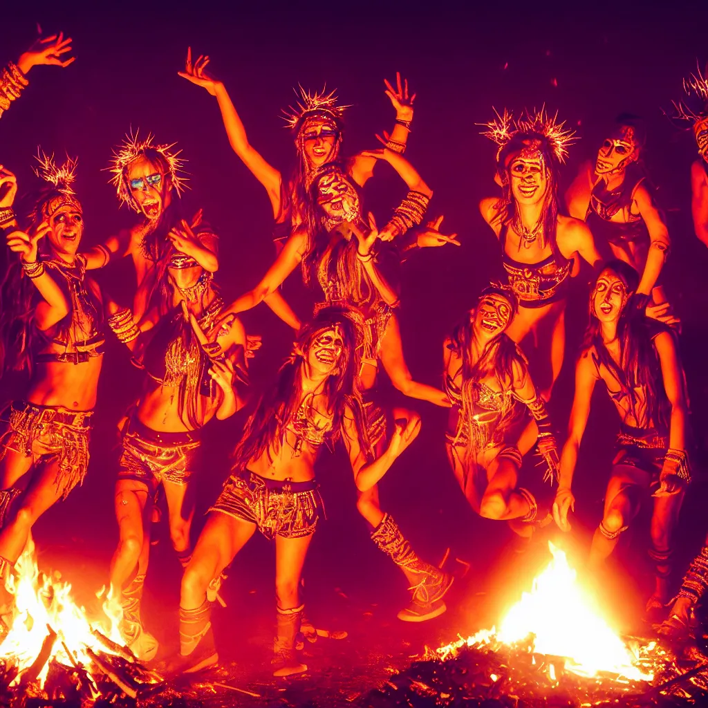 Prompt: portrait of ravers in friendly costumes with detailed faces, dancing around a fire, photorealistic, octane render, dancefloor kismet, diverse costumes, clean composition, desert transition area, bonfire, night, australian desert, zaha hadid, xf iq 4, symmetry, sony a 7 r, 1 5 0 mp, 5 0 mm