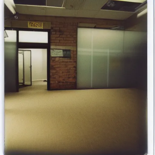 Image similar to a polaroid photo a of an abandoned and rather lonely office workspace, completely empty, desolate and devoid atmosphere, faint string lights hung on the wall can be seen, shot with portra 400