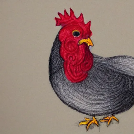 Image similar to A chicken knitting a scarf, color drawing