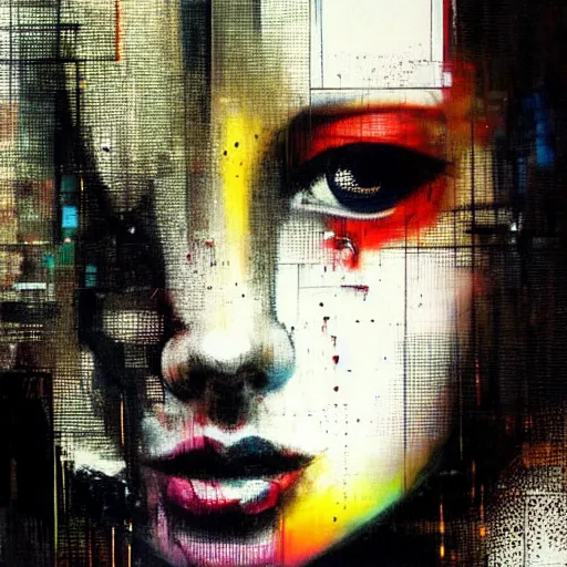 Prompt: portrait of a hooded beautiful women, mysterious, glitch effects over the eyes, by Guy Denning, by Johannes Itten, by Russ Mills, innocent, hacking effects, cyberpunk, color blocking, oil on canvas, concept art, abstract