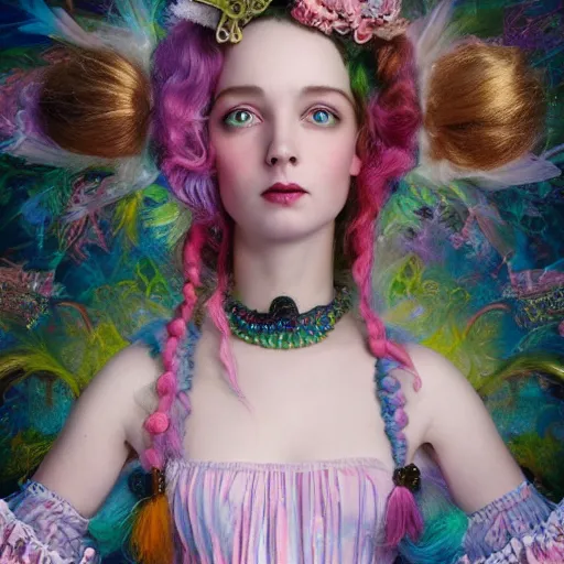 Prompt: Ethereal stunning maximalist Victorian heliumpunk girl from the rainbow sky paradise, high-tech, detailed by Mark Ryden, 35mm macro shot, hyperrealism, 8k resolution 3D