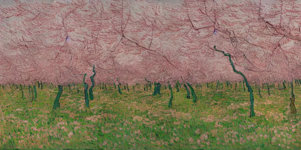 Image similar to a peach blossom forest, the fallen flowers are colorful, the forest runs out of water, there is a mountain, and the mountain has a small mouth, as if there is light. by Vincent van Gogh