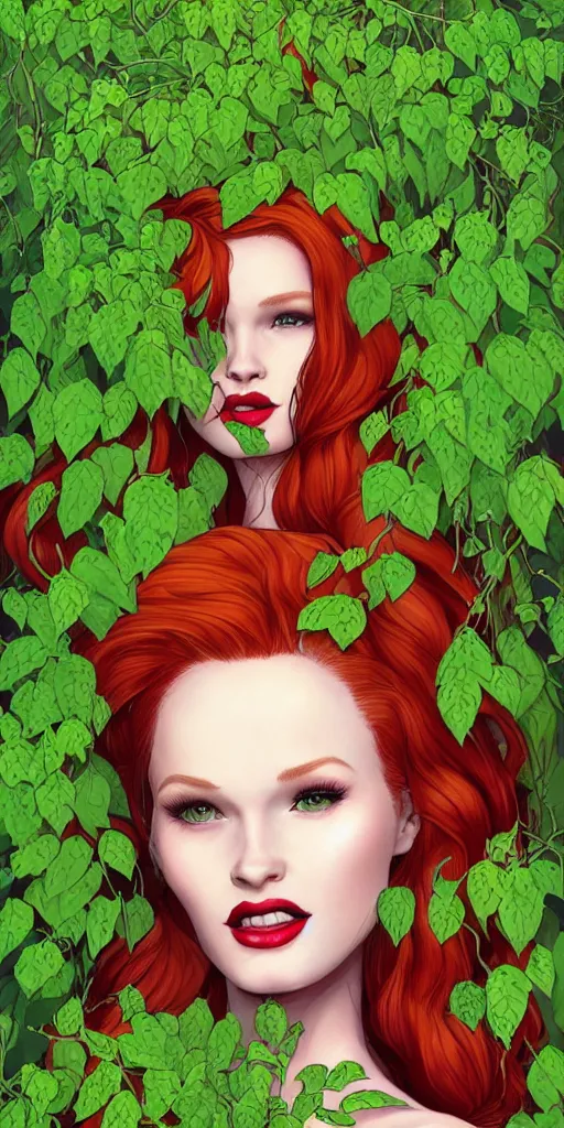 Prompt: beautiful Madelaine Petsch poison ivy DC comics, evil smile, green dress, realistic character concept, fun pose, comic book, illustration, slender symmetrical face and body, surrounded by vines flowers and plants, artstation, cinematic lighting, hyperdetailed, high resolution, Charlie Bowater, Tom Bagshaw, single face, insanely detailed and intricate, beautiful