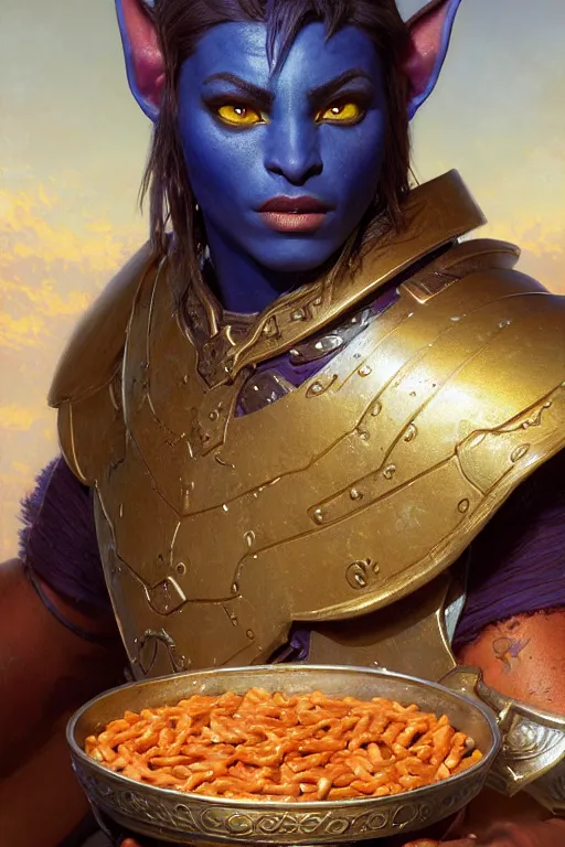 Prompt: extremely detailed extreme close up painting of a beautiful blue skinned night elf, in a set of night elf plate armor, eating baked beans, painting by gaston bussiere, craig mullins, greg rutkowski,