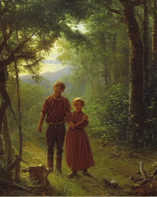 Image similar to an oil painting of a young, poor peasant brother and sister in the forest, by thomas kincade, ivan shiskin, and james gurney