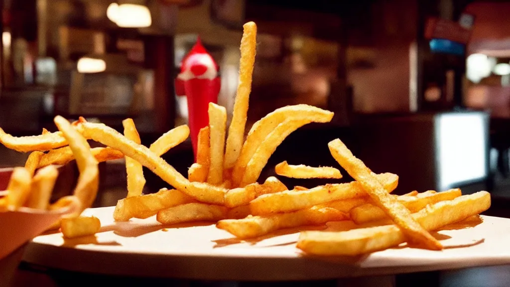 Image similar to the strange french fry creature at the fast food place, film still from the movie directed by denis villeneuve and david cronenberg with art direction by salvador dali, wide lens