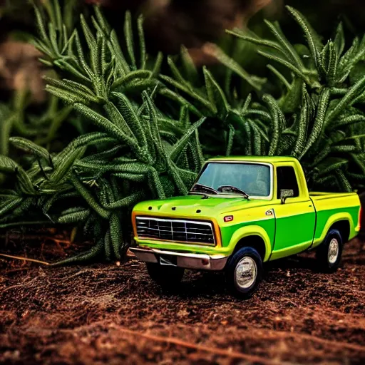 Prompt: a photo of a tiny ford truck ranger 1 9 8 0 on a green leaf, natural sunlight, outdoors, highly detailed macro photography, shallow depth of field, full shot