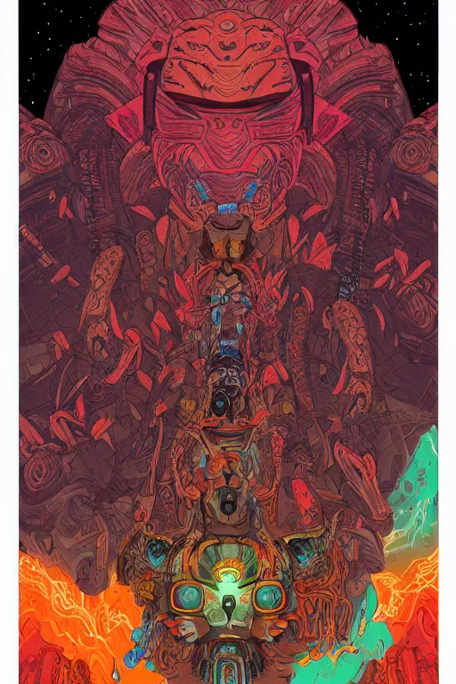 Image similar to totem animal tribal chaman vodoo mask feather gemstone plant video game illustration vivid color borderlands and by feng zhu and loish and laurie greasley, victo ngai, andreas rocha, john harris radiating a glowing aura