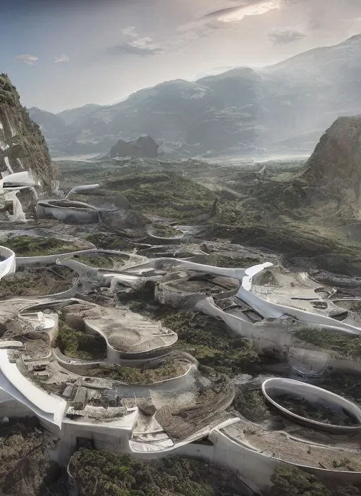 Image similar to bioremediation white mining tailing futuristic horizontal architecture in chuquicamata, epic, cinematic, hyperealistic, high detailed, corona render, hdr, ray tracing