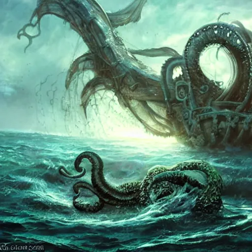 Prompt: a kraken rises from the ocean swallowing a pirate ship by raymond swanland, highly detailed