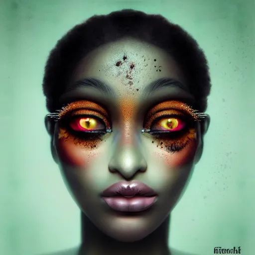 Prompt: portrait of a black woman inspired by Natalie Shau, Anna Dittmann, afro, freckles, pretty make-up, bold, self-confidence, cinematic