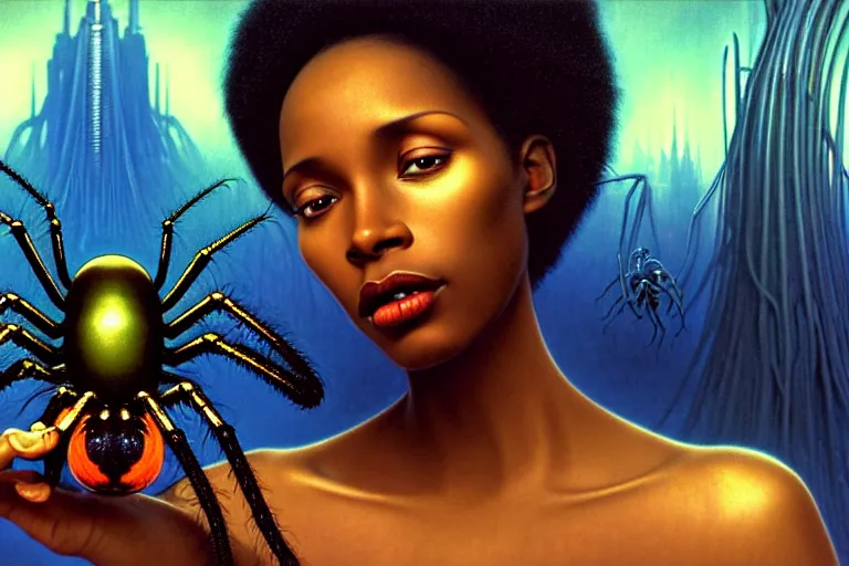 Prompt: realistic detailed photorealistic closeup portrait movie shot of a beautiful black woman with a giant spider, sci fi city landscape background by denis villeneuve, amano, yves tanguy, alphonse mucha, ernst haeckel, david lynch, edward robert hughes, roger dean, cyber necklace, dynamic pose, rich moody colours, wide angle