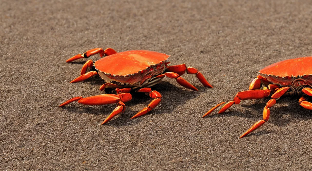 Prompt: a realistic image of a crab with a hat on it's head, ultra high detail, the crab is on sand on a beach with ocean in the background, 8 k.
