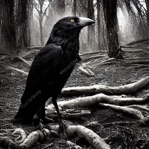 Image similar to mixture between an crow and! wolf, photograph captured in a dark forest, realistic