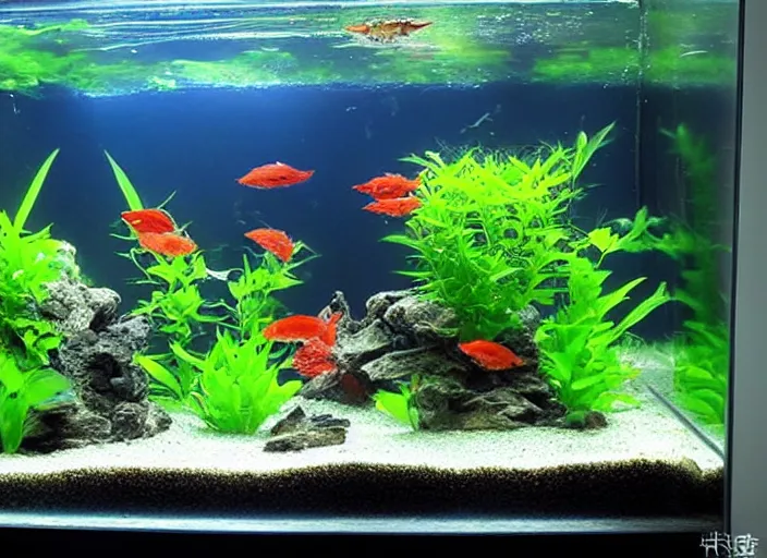 Image similar to ember tetra planted aquarium, placid morning rays, adorable planted cute cluttered aquarium with little fishies, trending on pixiv,