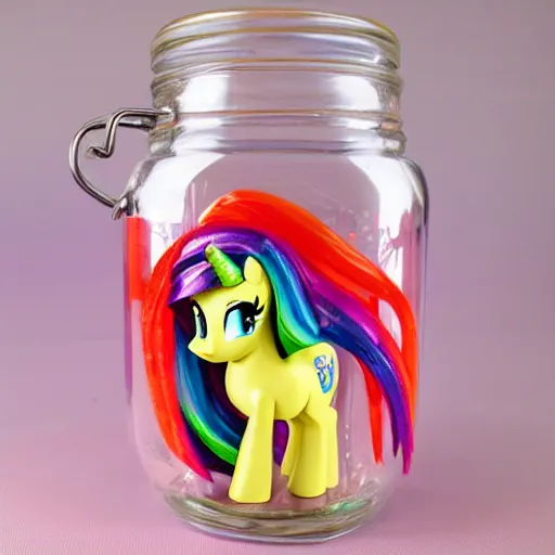 Image similar to a my little pony figure in a jar covered in a mysterious sticky yellowish fluid