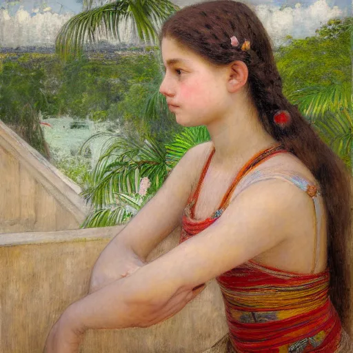 Image similar to a ultradetailed beautiful painting of a girl in the amazonas palace balustrade designed by jules bastien - lepage, tarsila do amaral, frank weston and gustave baumann, beach, trending on artstation, mediterranean, palm trees, hyper detailed face, sharp focus, soft light, 8 k 4 k