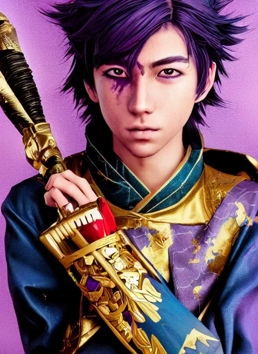 Image similar to An epic fantasy comic book style portrait painting of teenager boy with straight indigo hair, purple eyes with red eye markers, slim body, wearing a detailed Japanese kimono with golden armor pieces, holding a japanese fan. Unreal 5, DAZ, hyperrealistic, octane render, cosplay, RPG portrait, dynamic lighting